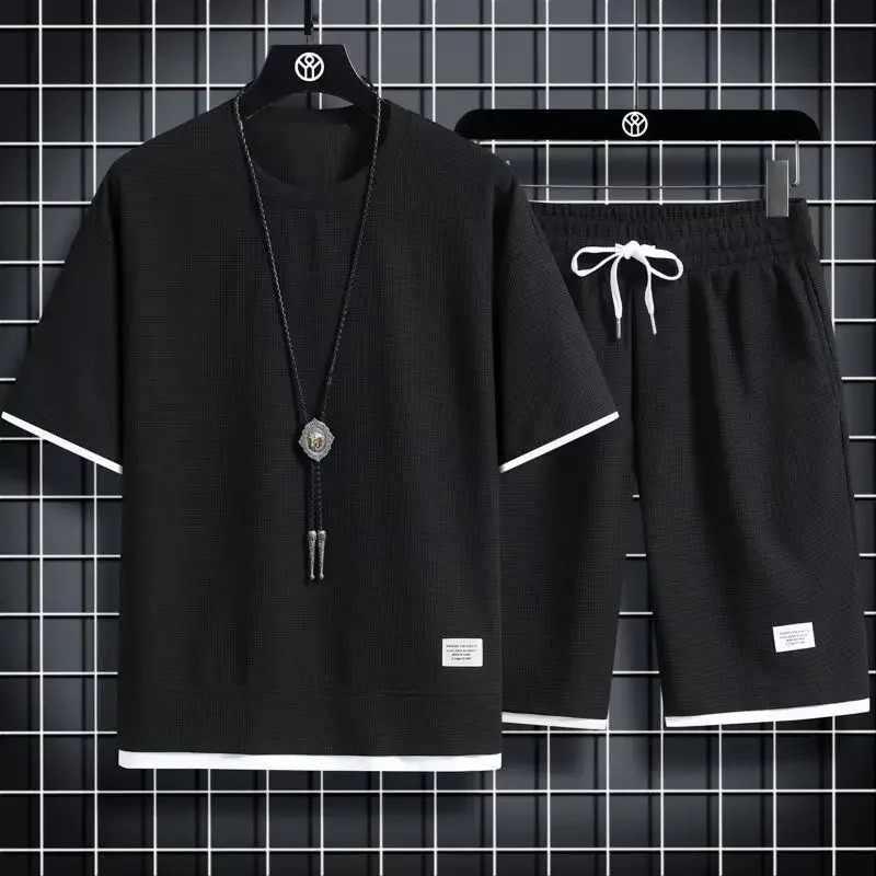 Casual Sportswear Loose-Fit Mens Summer Outfits Korean Trendy Short Sleeve T-shirts 2-Piece Sets 250318