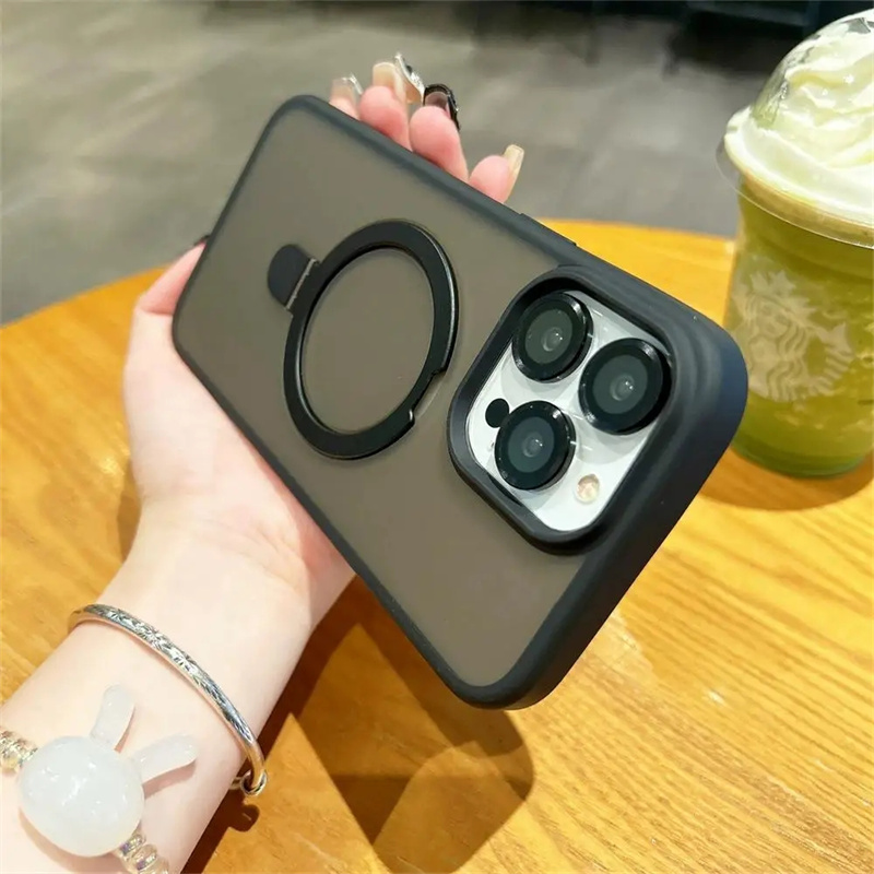 Matte Ring Holder Glass Lens Phone Case For iPhone 16 16e 15 14 13 12 11 Pro Max Plus Samsung S25 S24 S23 S22 Ultra Plus For Magsafe Wireless Magnetic