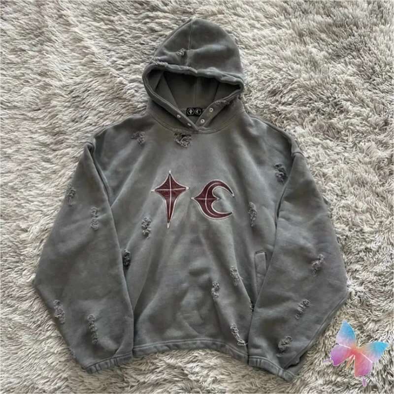 Winter High Quality Splicing Leather Star Moon THUG CLUB Hoodies Oversized Washed Retro Distressed Hole TC Hoodys Men Women