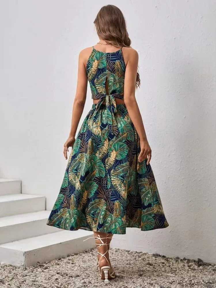 Basic Dresses Casual Bohemian Beach Vacation Set Dress For Womens Sexy Vest Camisole Top A-line Skirt Two-Piece Boho Print Sets Outfit Woman H25224 C2