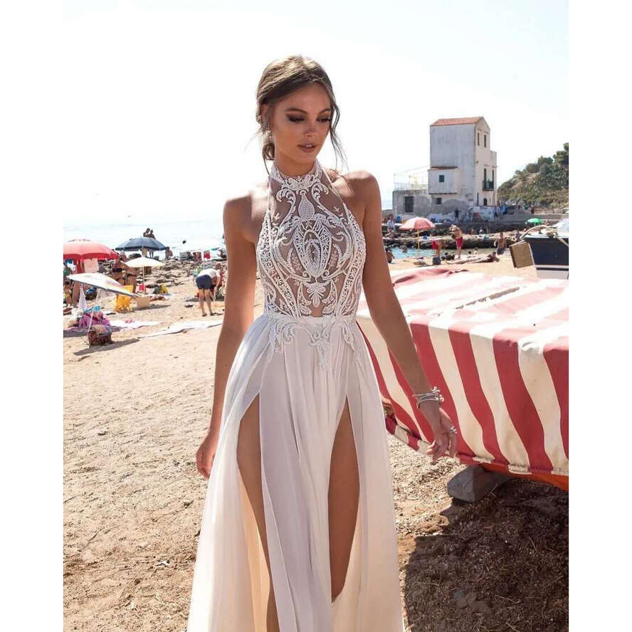 Vestido De Festa High-End Split Dresses Heavy Beading Halter Open Back Wedding Dress Chiffon Boho Chic Rustic Bridal Gowns
