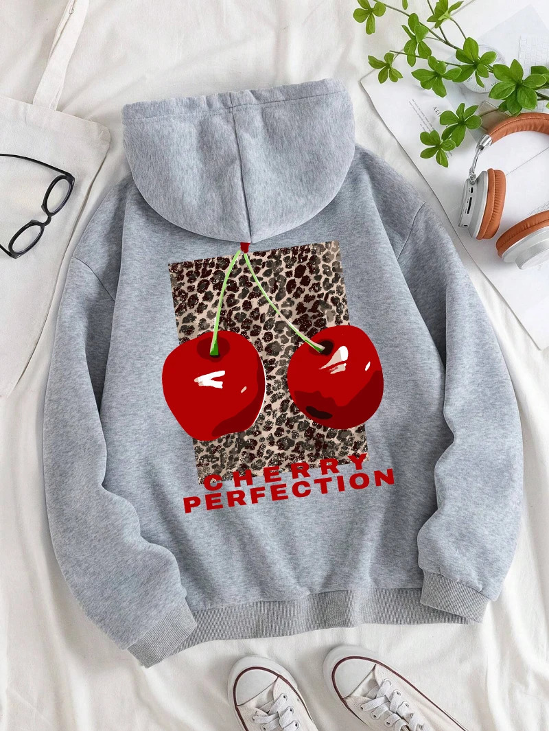 Autumn Woman Hoodies Fashion Leopard And Cherry Perfection Prints Sweatshirt Comfortable Pocket Soft Pullover Casual Clothes 250225