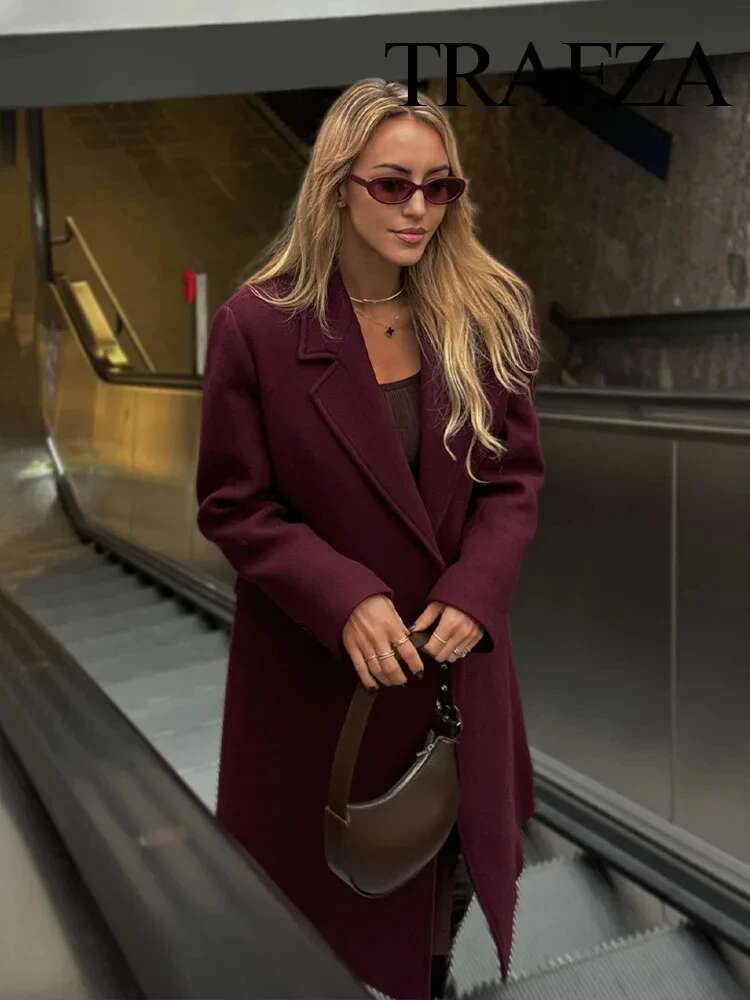 Winter Fashion Bury Wool Long Knitted Lapel Double-Breasted Elegant Women's Pocket Coat Street Wear