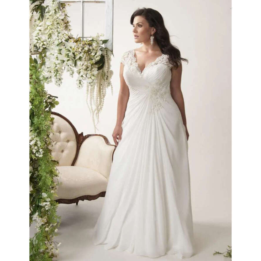 V-Neck Cap Sleeves Plus Size Wedding Dresses Chiffon Appliqued Lace Open Back Drape Side Ruched Bodice Bridal Gown 28W