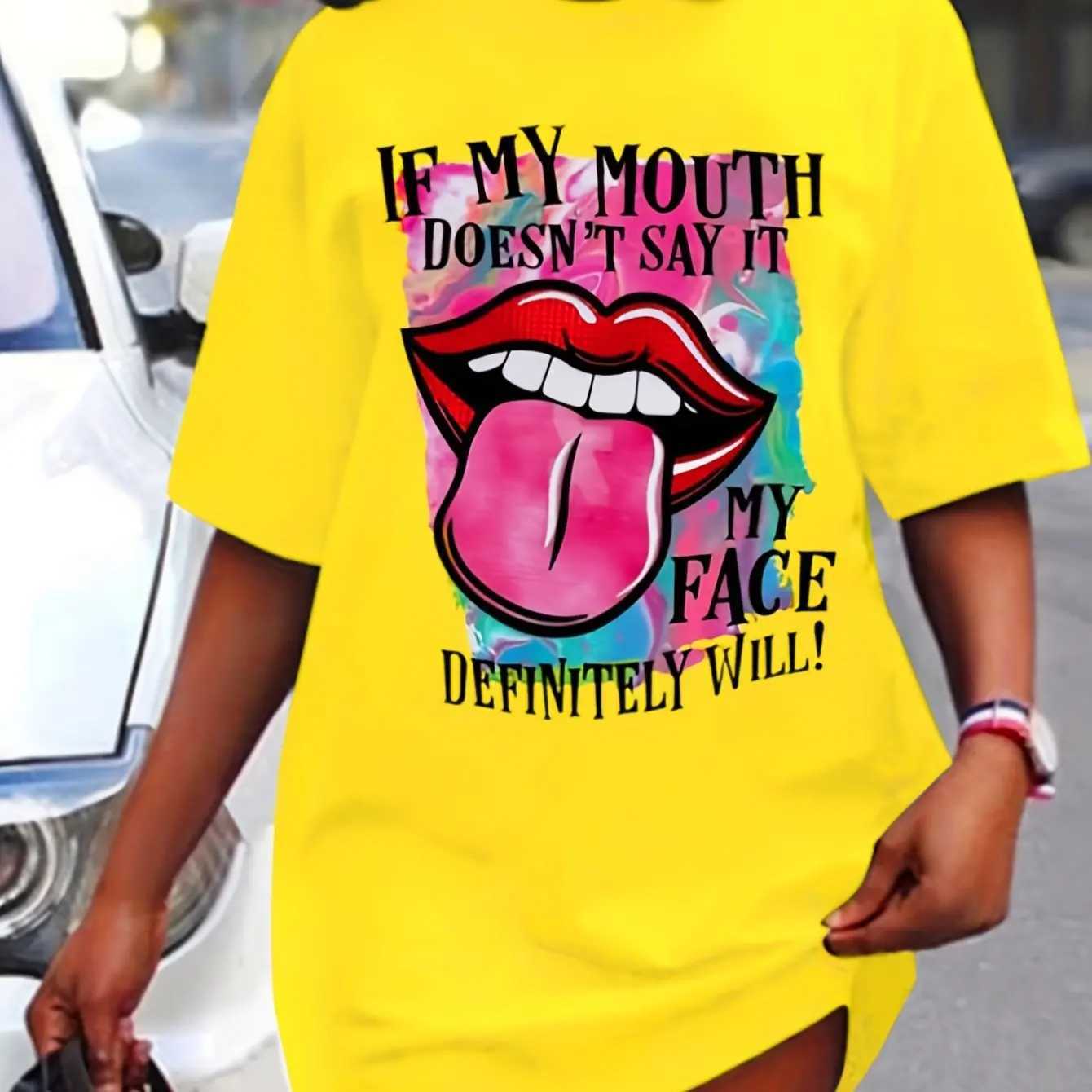 Lexy Lips Print Mini Tee Dress Short All Crew Neck Casual Dress For Summer Spring Beach Casual Dresses Womens ClothingXJ250224