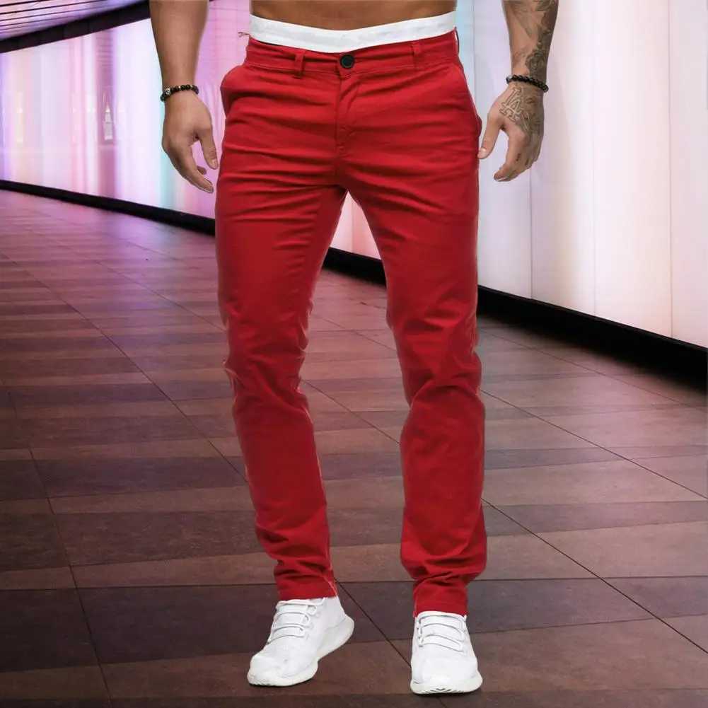 Mens Pants Mid Waist Solid Color Thin Zipper Button Closure Pockets Slim Fit Casual Ankle Length Pencil Pants Soft Breathable W250225