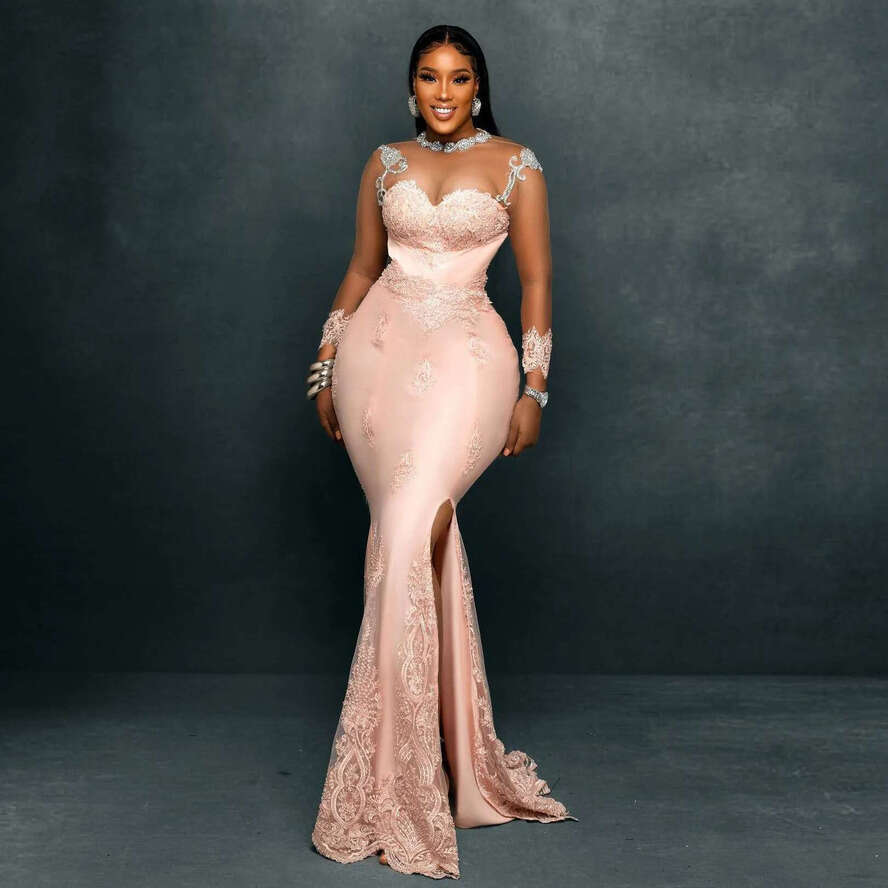 Applique Blush Pink Mermaid Lace Prom Dresses Sheer Long Sleeves Side Slit Aso Ebi Formal Evening Dress Party Gowns Plus Size