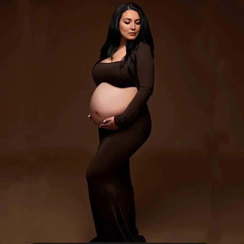 Solid Color Cut Out Backless Crop Bodycon Mermaid U-Neck Long Sleeve Photoshoot Maternity Maxi Dress X250224