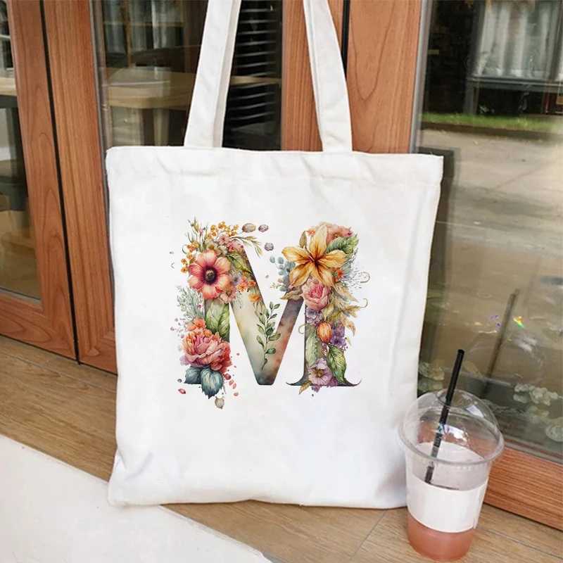 Casual Large Capacity Womens Handbags 26 Alphabet A-Z Shoulder Bags Shopper Canvas Letter Fashion Flower Trend White Tote Bags Z250224