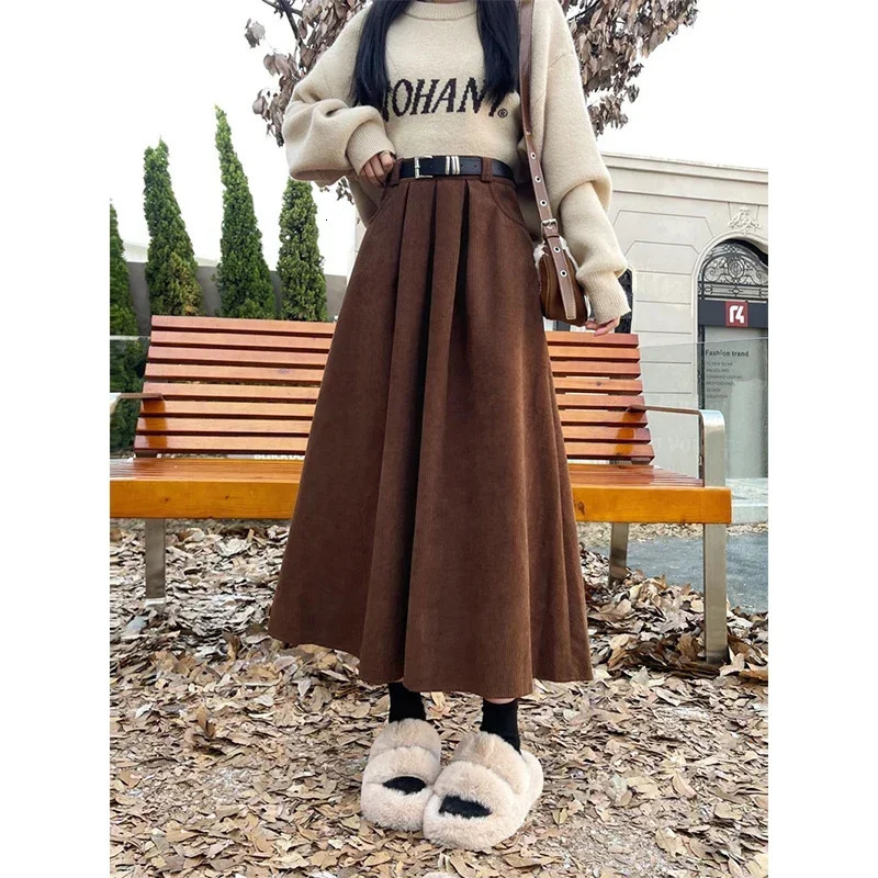 Vintage Belt Corduroy Midi Skirts Women Streetwear Black High Waist Pleated Skirt Fall Winter Chic All Match A Line Faldas 250224