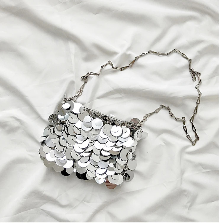 Women Glitter Handbag er Silver Metal Sequin Chain Woven Bag Evening Bags Clutch Travel Holiday Shoulder Bag Handbag 250218