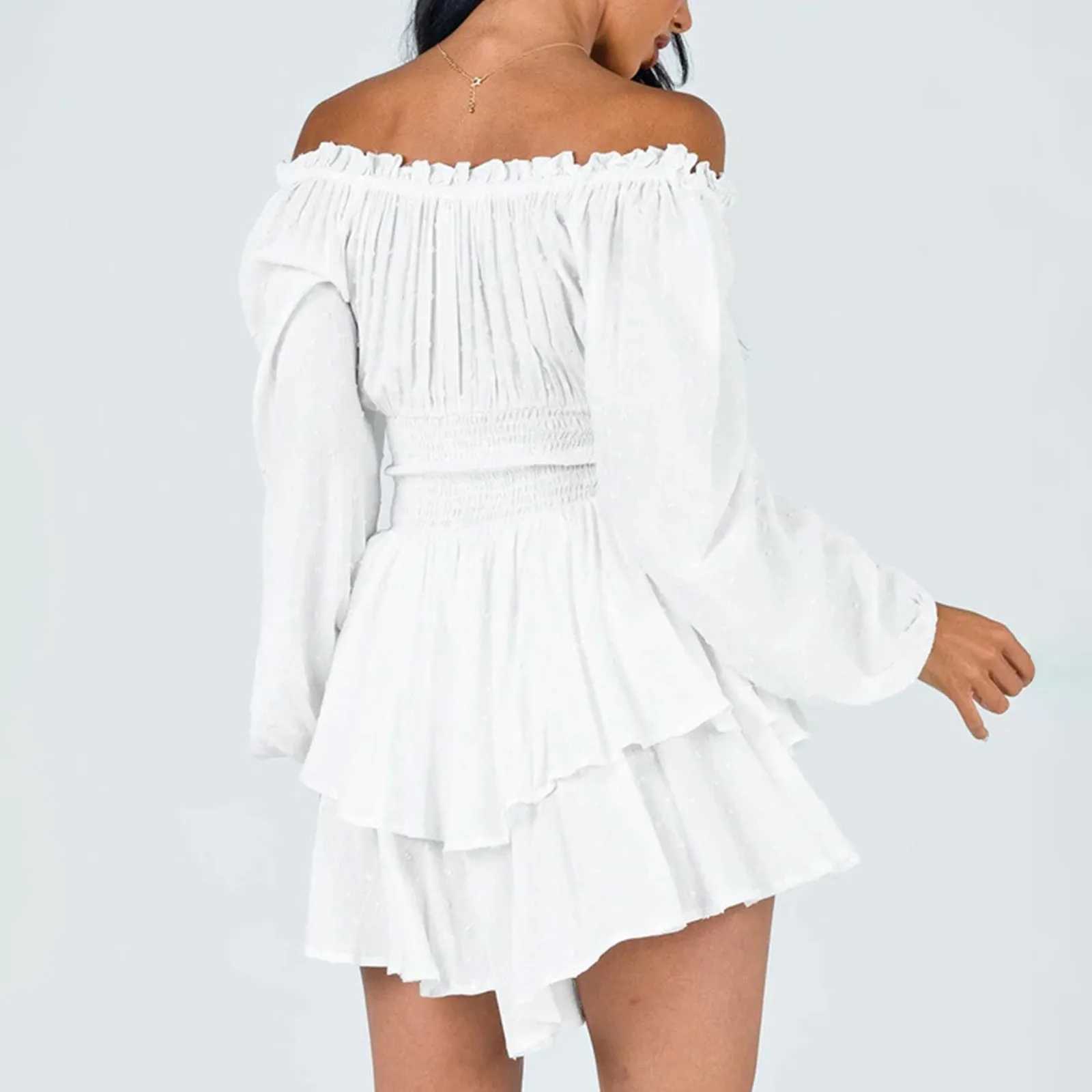 Summer Dress For Women One-Shoulder Corseted Mini Robe Ruffled Layered Chiffon Culottes Crew Neck Off Shoulder Swing Mini DressXJ250224