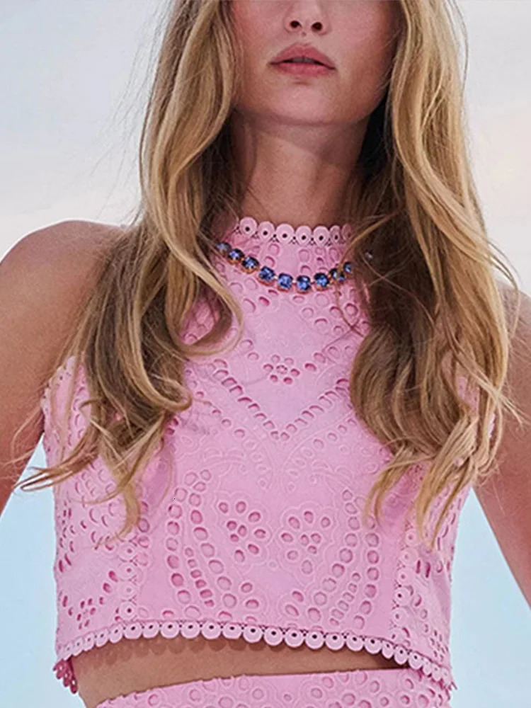 Hollow Out Sleeveless Top Half Skirt Set Embroidered Pocket Long Skirts Casual Holiday Temperament Waist Cinching Two-Piece Set 250224