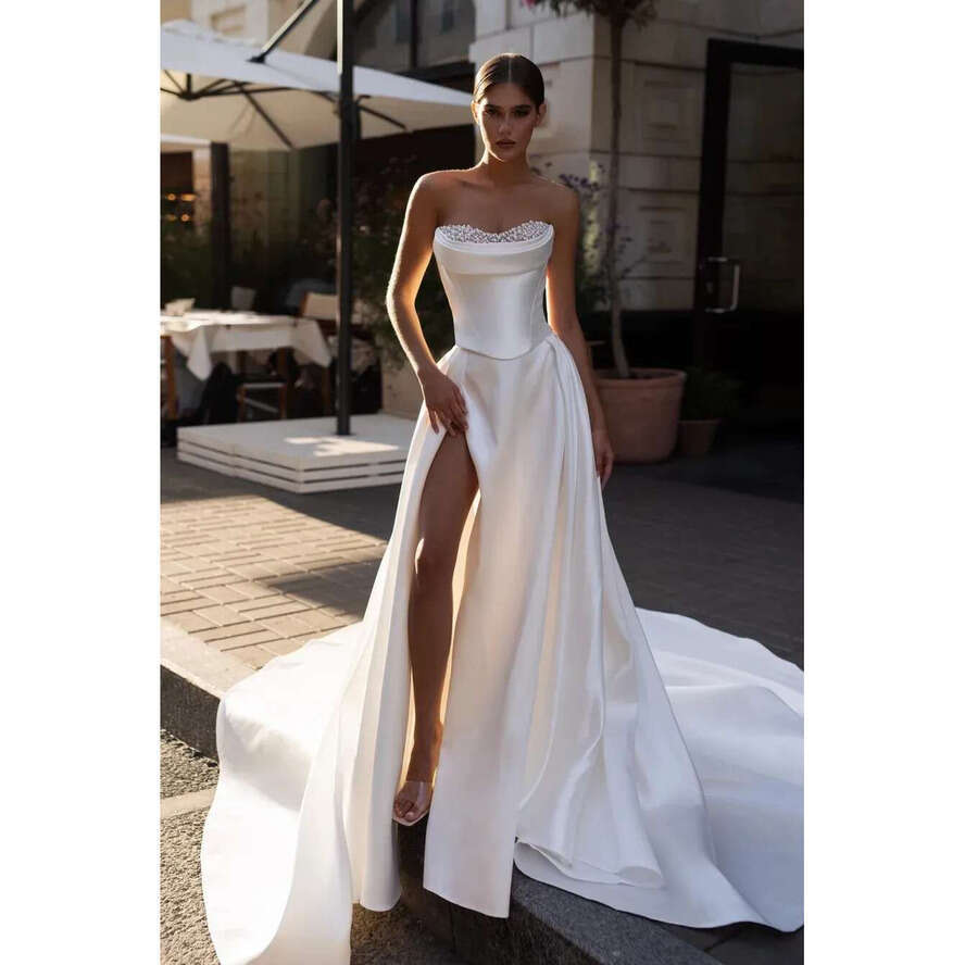 Elegant Satin A E Women Wedding Strapless Sleeveless Bridal Gowns Pearls Beads Split Side Sweep Train Dress Custom Made