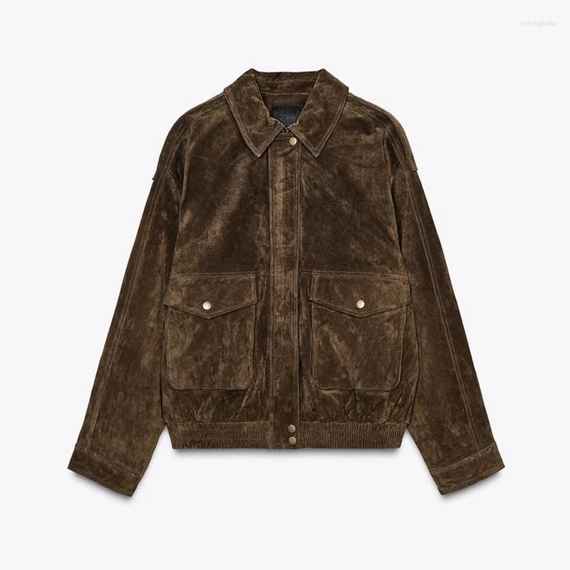 Women's Jackets Vintage Suede Zipper Jacket Women Casual Loose Turn-down Collar Button Brown Long Sleeve Coat Spring Street Chic Outerwear