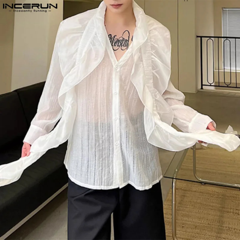 Mens shirt with hollow pleated edges and patch work V-neck long sleeved mens streetwear transparent fashion Camisas INCERUN 250222