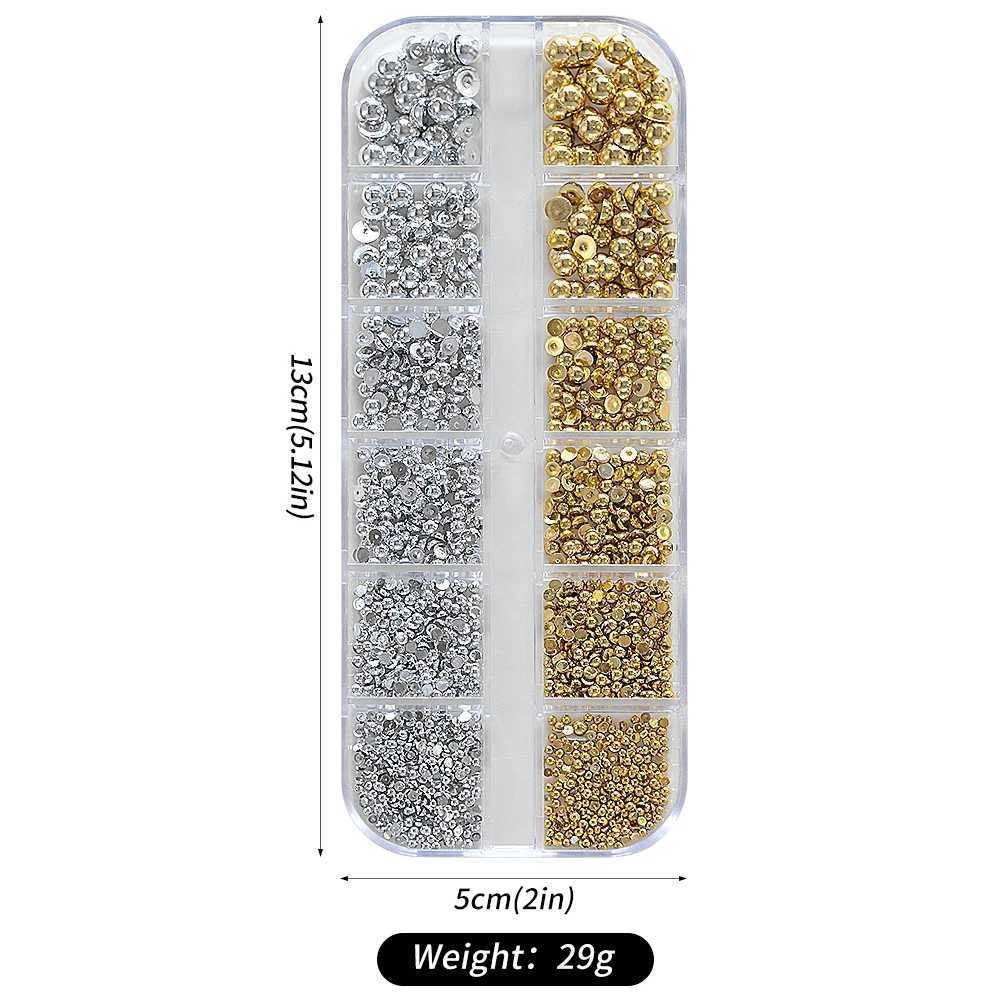 Nail Art Decorations 12Grid/box Gold Silver Half Round Caviar Bead Nail Charms 1/2/3/5mm Flatback Round Steel Nail Bead Micro Ball Manicure Bead CL250