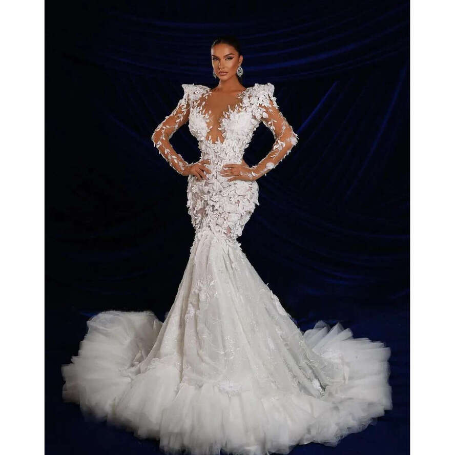 Delicate Mermaid Wedding Dress Bridal Gown For Women O-Neck Appliques Long Sleeves Sweep Train Backless Dresses Custom Made