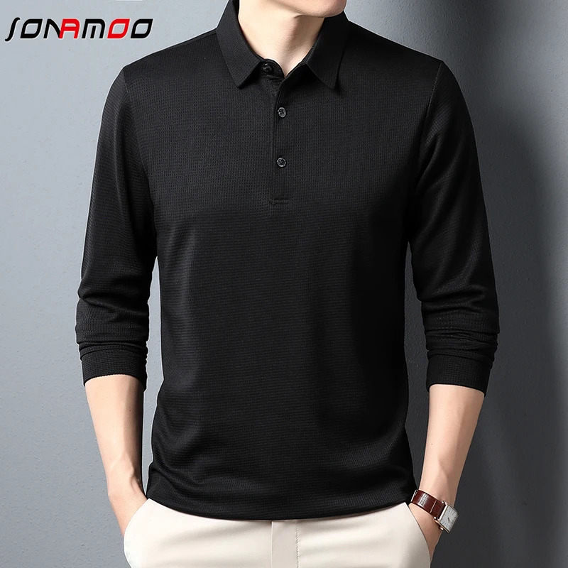 Mens Business Casual Polo Long Sleeve T-shirt Summer Comfortable Solid Top 250224