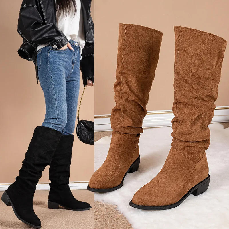 Solid Color Comfortable Fashion Knee-high Fashion Boots Round Head Square Heels Increase Large Size Winter High Boots250225