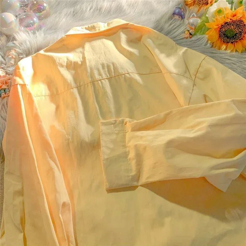 Yellow Oil Painting Print Shirts Women Spring Autumn Thin Loose Button Up Blouses Long Sleeved Oversize Shirt for Teenage 250225