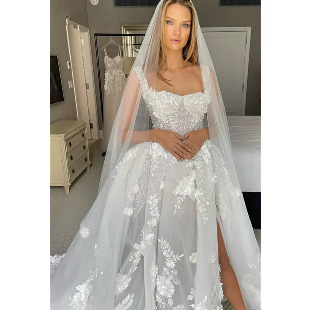 Floral White Wedding Dresses Side Split Sheer Neck Appliques Flowers Lace Appliques Square Bridal Gowns Vestidos De Noiva Plus Size