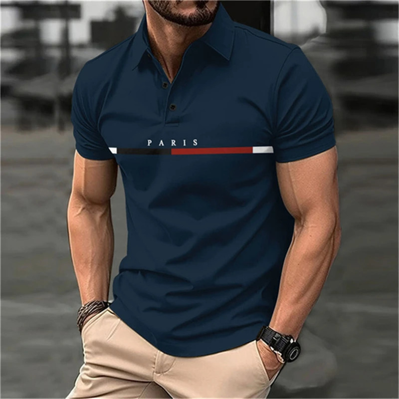 3D Printed Letter Men Polo T-shirt Fashionable Street Lapel Button Up Shirt Breathable and Comfortable Short Sleeve O-neck Top 250225