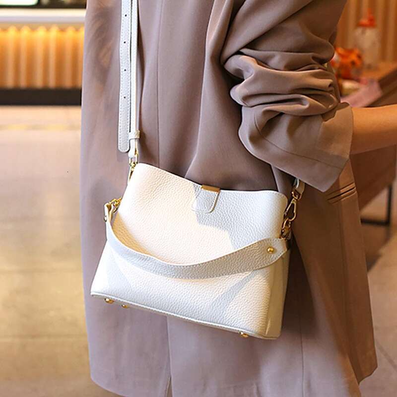 Hifashion Cowhide Genuine Leather Bucket Small Shoulder Crossbody For Women 2024 Designer Wide Strap Tote Ladies Handbags