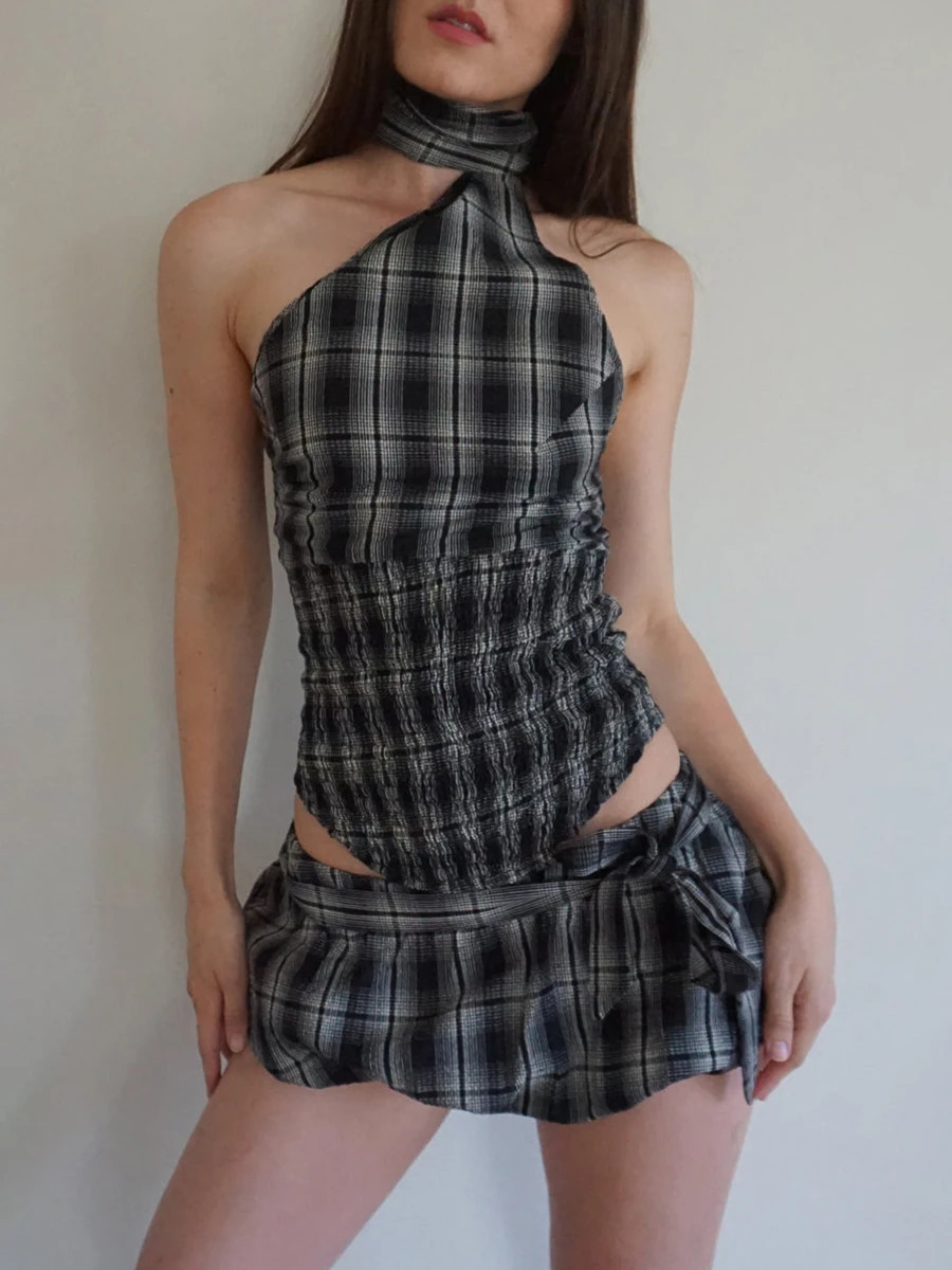 Women 2 Piece Skirt Outfits Summer Sleeveless Backelss Halter Tank Tops Low Waist Print Bubble Mini Skirt with Belt Clubw Y2K 250224