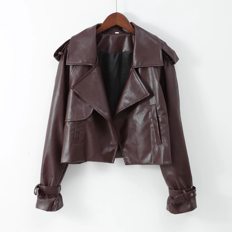 Fashion Burgundy Lapel Leather Jackets For Women Casual Loose Pockets Long Sleeve Coats 2024 Autumn Lady High Street Outerwear 250224