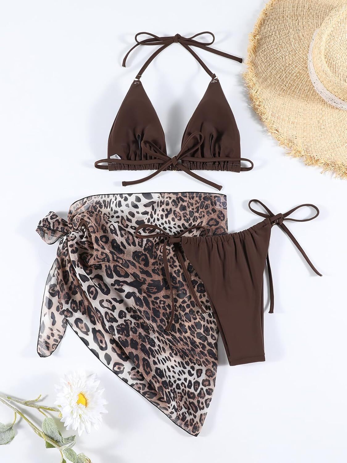 2025--Women's 3-piece bikini set sexy swimsuit hanging neck beach skirt swimsuit