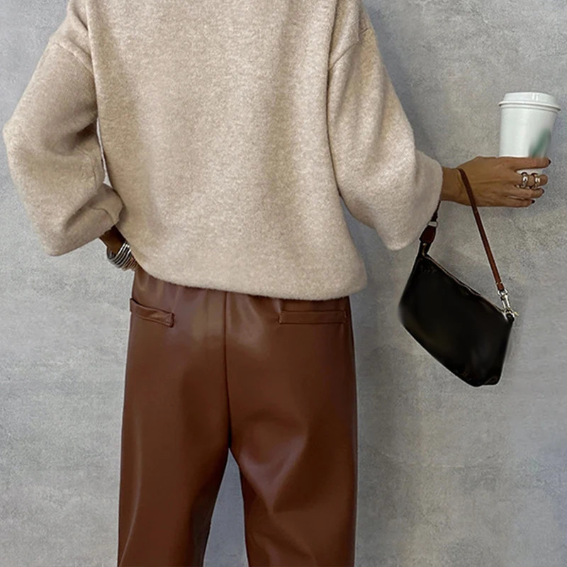 Streetwear Casual Solid PU Leather Pants for Women Spring Elastic Waist Pocket Trousers Autumn Straight Office Ladies Pants 250224