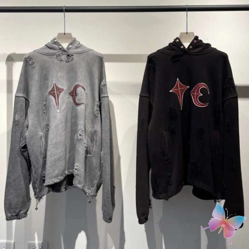 Winter High Quality Splicing Leather Star Moon THUG CLUB Hoodies Oversized Washed Retro Distressed Hole TC Hoodys Men Women