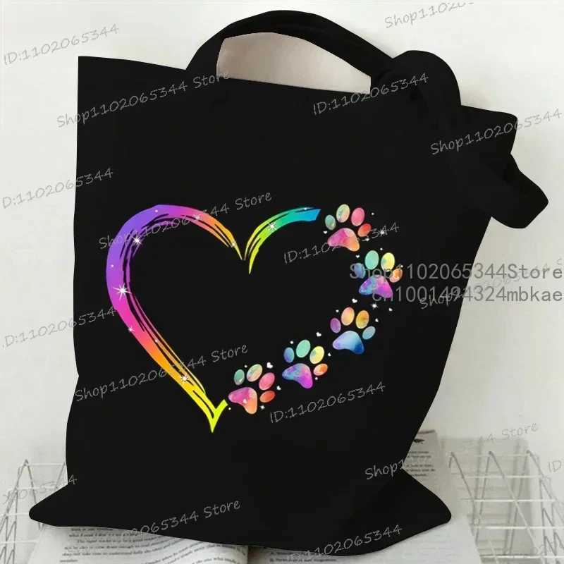 Colour Heart Dog PAW Pattern Canvas Tote Bag Women FAshion Y2K Shopping Bags Student Animal Lover Cartoon Shoulder Handbag Z250224