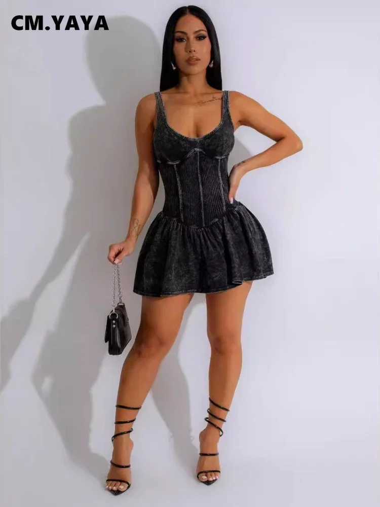 CM.YAYA Women Sveless O-neck Pleated Ruched Dress 2024 Summer Beach Cute Sexy Evening Night Club Party Washed Mini DressesXJ250224