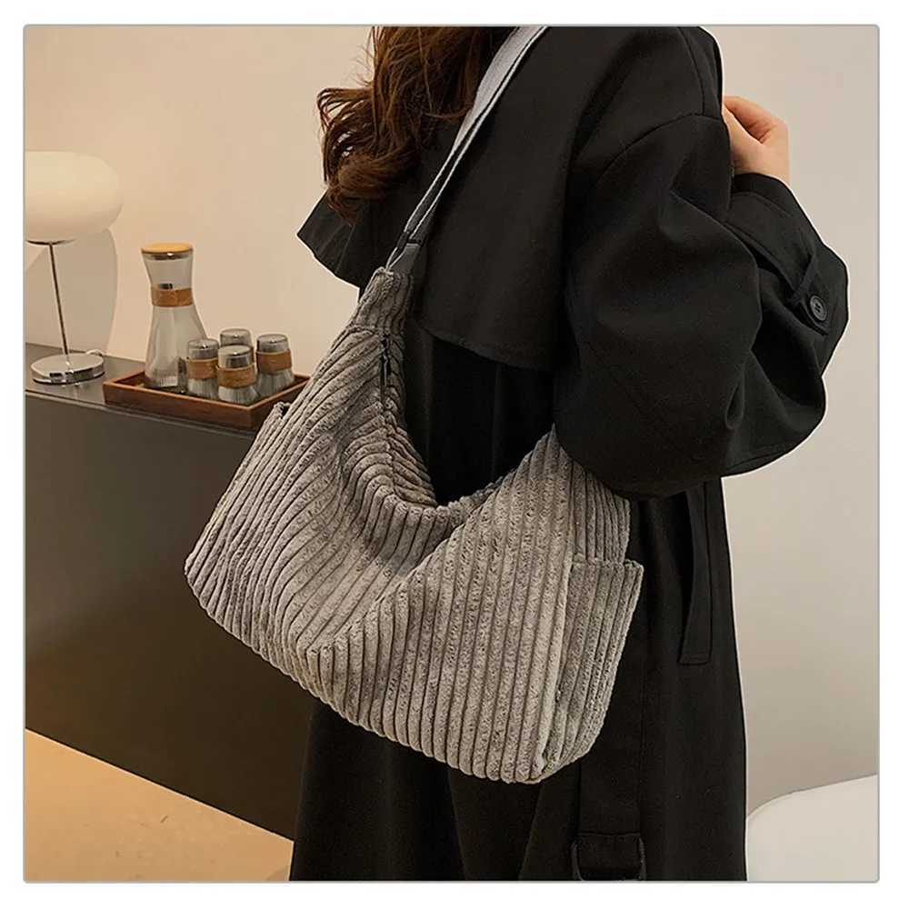 Casual Corduroy Womens Shoulder Bag Large Capacity Solid Color Crossbody Bag Commuter Tote Bag Simple Student Schoolbag Handbag Z250225