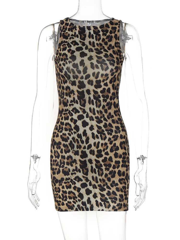 Hugcitar Leopard Print O Neck Sveless Sexy Bodycon Slim Mini Prom Dress Summer Women Fashion Y2K Outfits Evening Party ClubXJ250224