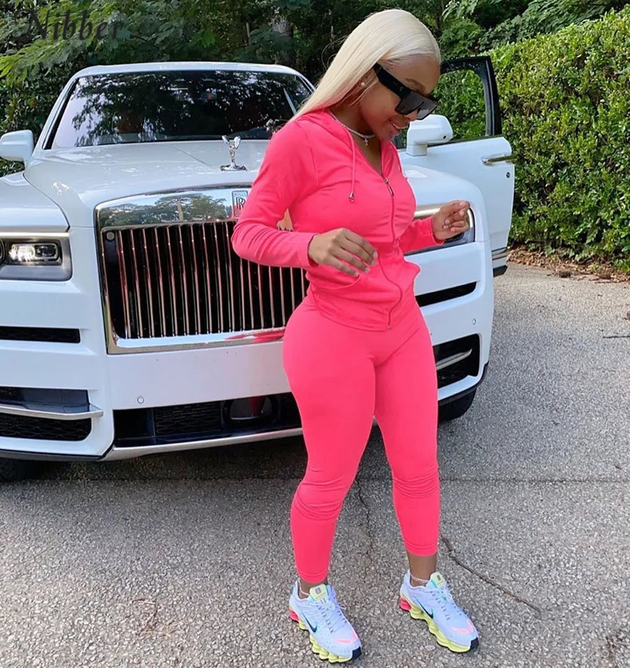 Nibber Sporty Casual Long Sleeve Hooded Zipper Solid two pieces set women Autumn Workout Skinny Top And Pants Matching Set mujer 250224