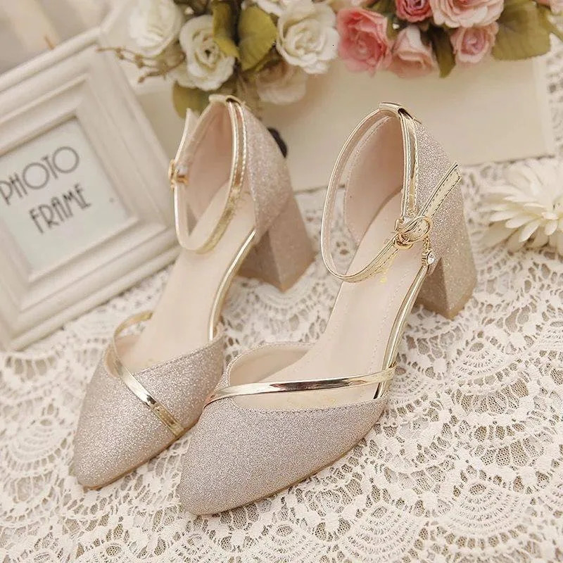 2024 Spring and Autumn Sequin Wedding Shoes Women All Wear Chunky Single Shoes One Line Buckle Bridesmaid High Heels250225