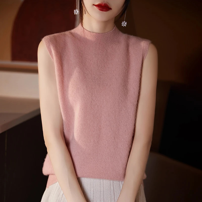Women Sleeveless Tank High Quality Wool Knit Vest Tops All Seasons Half High Collar First-Line Ready-To-Wear Soft Solid Camisole 250224