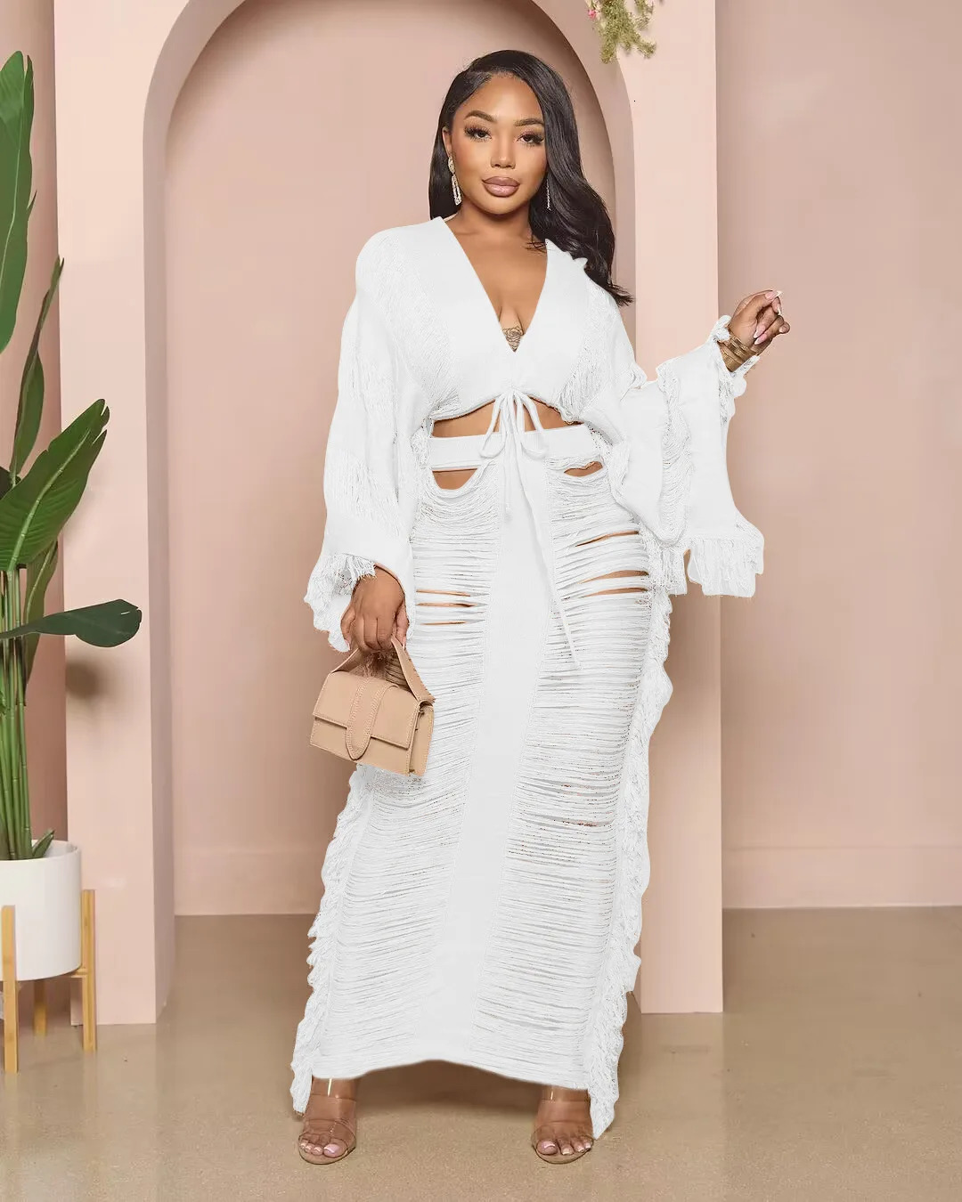 Crochet Two Piece Skirt Sets Knitted Dress Summer Women Clothes Sexy Elegant Knit Fringe Tassel Dress 2 Piece Set Outfit 250224