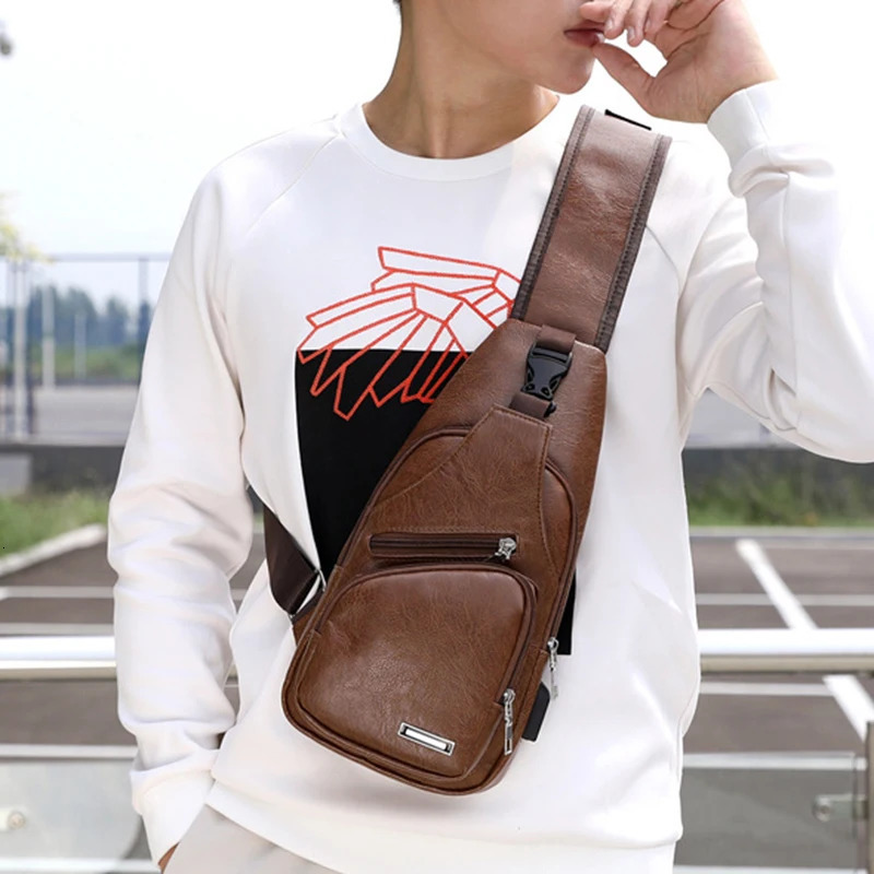 Vintage Shoulder Bag For Man PU Leather Brown Chest Bag Large Capacity Usb Charging Travel Organize Crossbody Shoulder Bags 250224