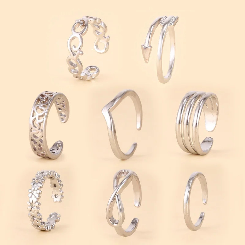 8 Pcs/Set Silver Color Toe Rings for Women Gold Color Adjustable Toe Rings Various Types Band Rings Open Ring Set Beach Jewelry 250218