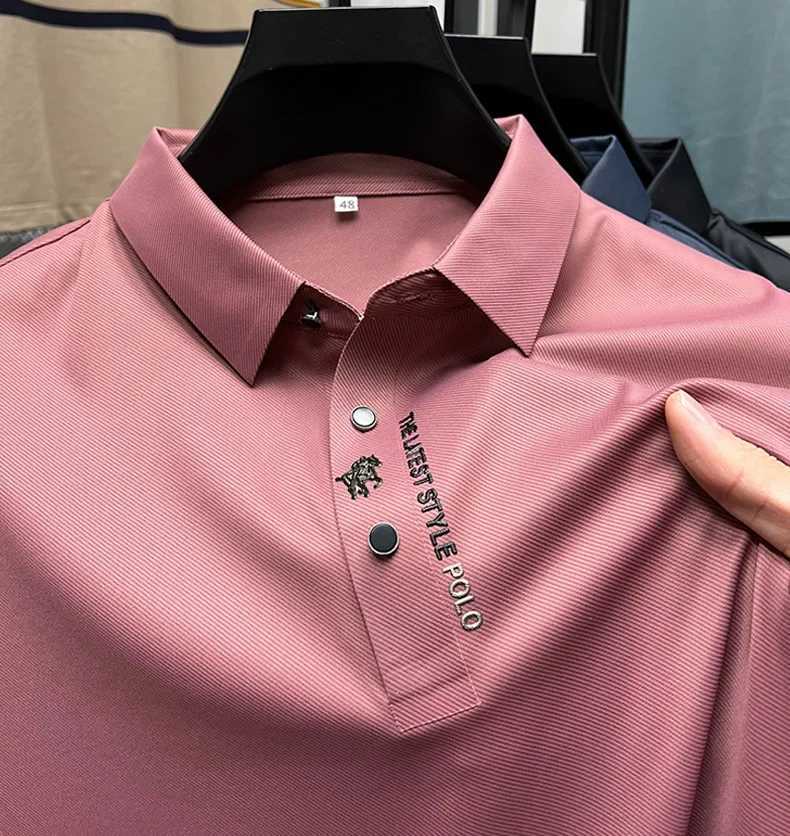 Summer Silk Polo Shirt for Mens Youth Lapel Light Luxury Traceless Silk T-shirt Fashion Ice Silk Trend Short sleeved TopT250225