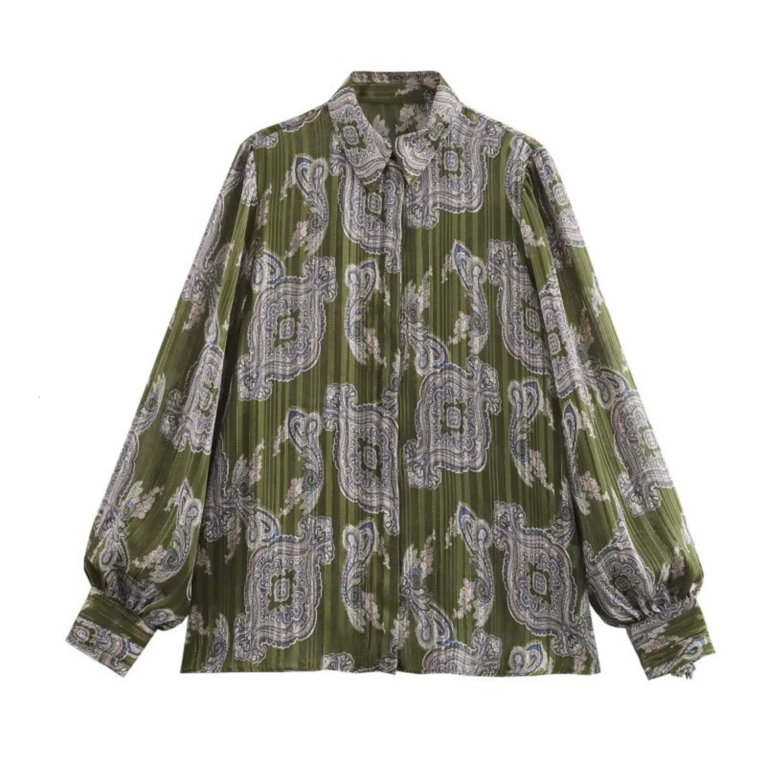 Taop Za Womens 2025 Spring Metallic Line Printed Shirt POLO Collar Lantern Sleeves Style Temperament Top 250224