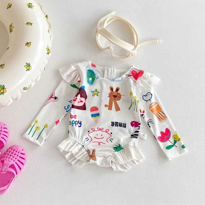 Childrens swimsuit 2024 summer new cartoon long sleeved girl one-piece swimsuit baby swimsuit beach swimsuit X250224