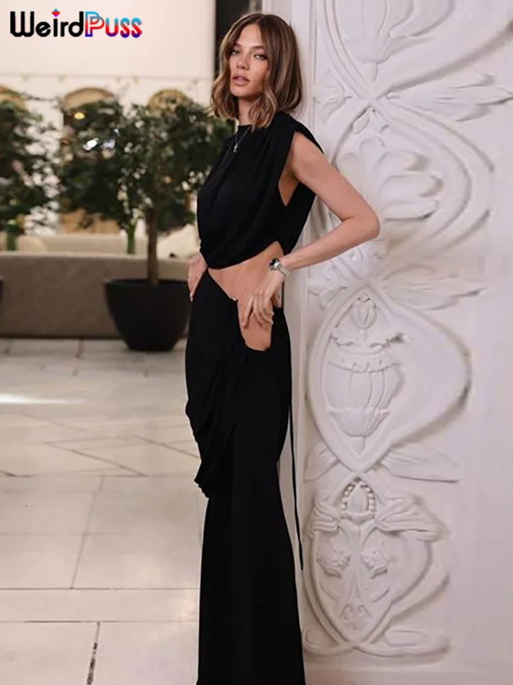 Weird Puss Elegant Ruched 2Piece Set Summer Women Chic Irregular Tank TopsSkirts Pants Matching Casual Basic Classic Streetwear 250224