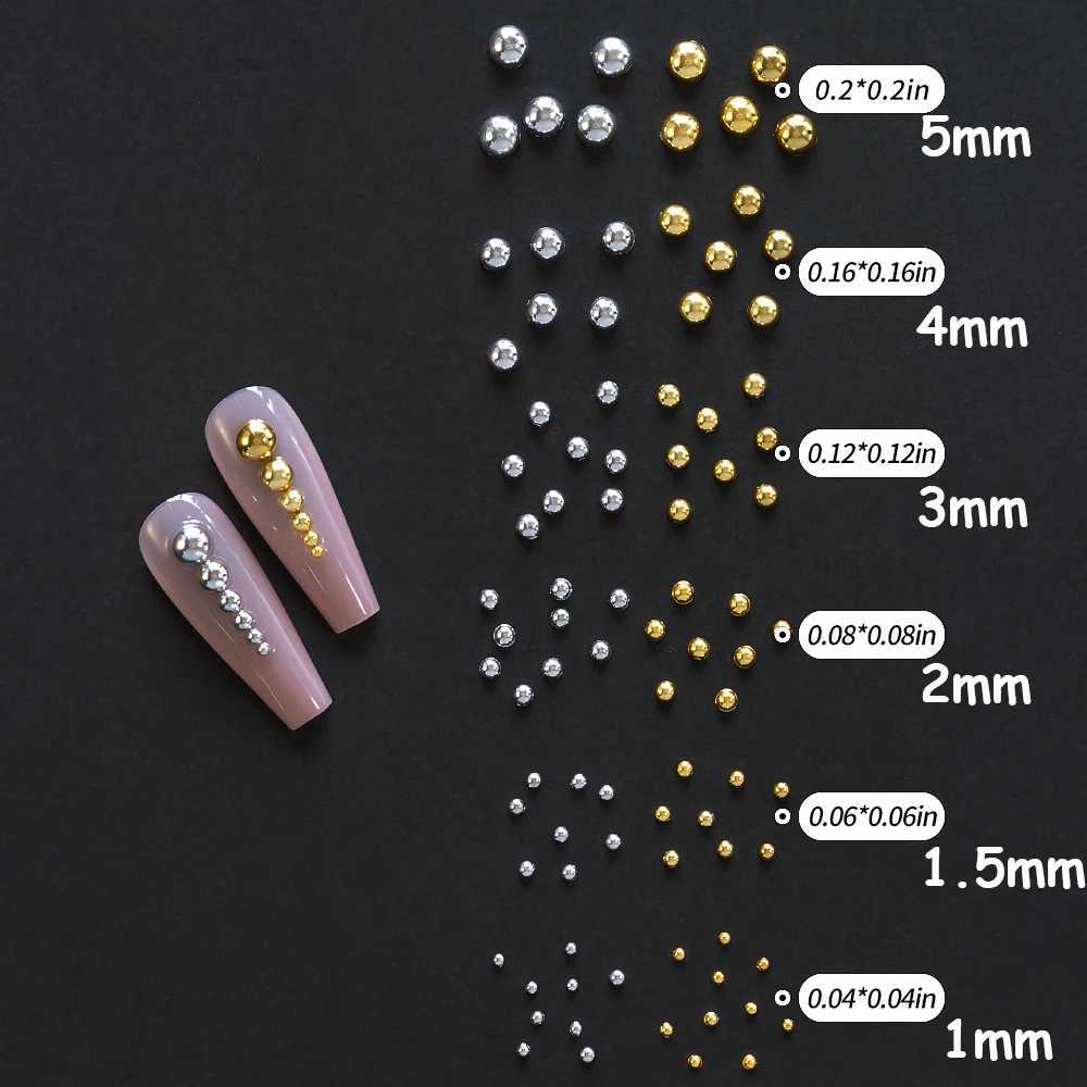 Nail Art Decorations 12Grid/box Gold Silver Half Round Caviar Bead Nail Charms 1/2/3/5mm Flatback Round Steel Nail Bead Micro Ball Manicure Bead CL250