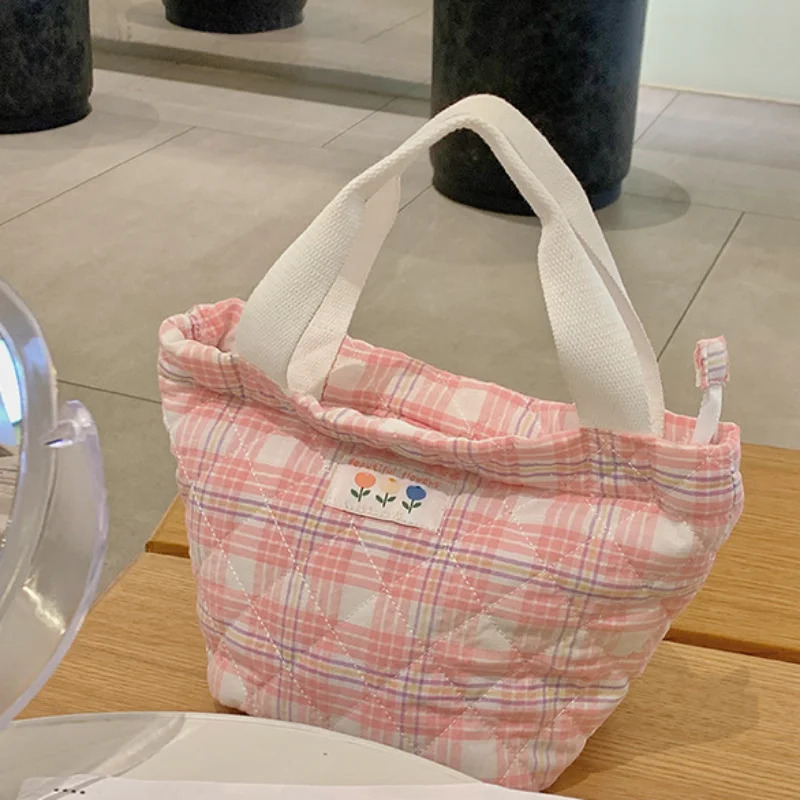 Plaid Lunch Bag Women Thermal Big Capacity Drawstring Lunch Box Tote Food Bags Office Worker Portable Insulated Food Storage Bag 250224