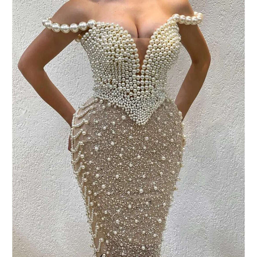 Short Sequins Prom Dress 2024 Off Shoulder Pearls Beads Sheath Women Evening Formal Birthday Party Gowns Robe De Soiree Abiti Da Sera Grand